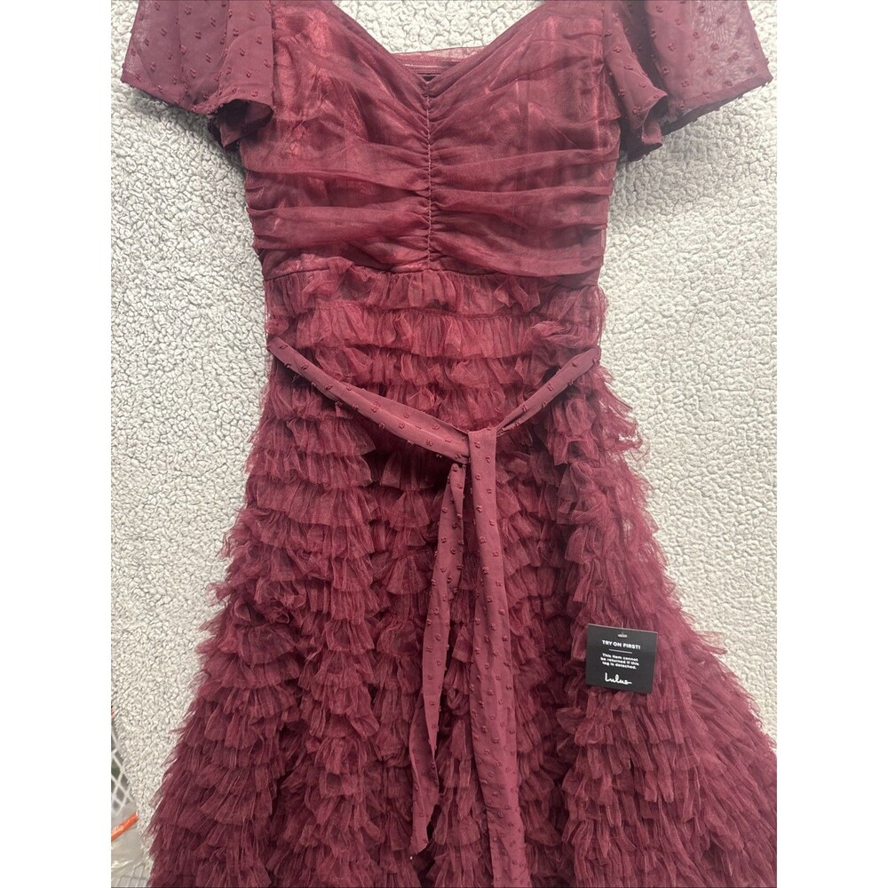 LULUS Elegant Red Wine Cocktail Dress Size S Dot Tullie Ruffles NWT - Picture 7 of 11